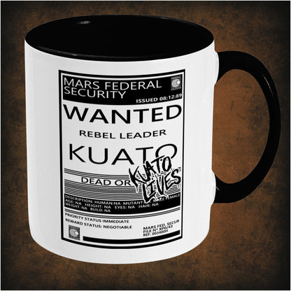 Kuato Wanted Poster two-toned mug inspired by Total Recall, right hand side featuring iconic sci-fi movie design, dystopian artwork, and collectible pop culture merchandise for fans.