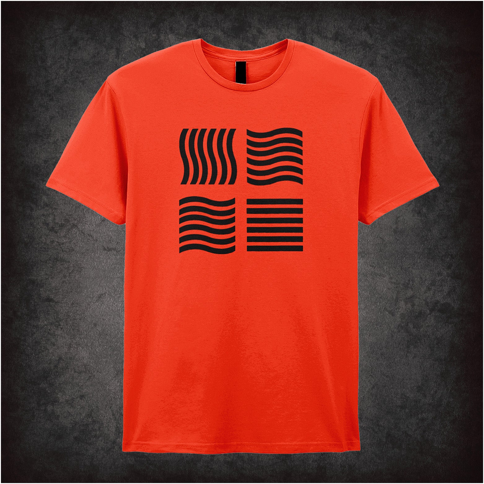 Orange unisex t-shirt featuring a graphic of the Four Elements symbols from The Fifth Element, arranged in a square pattern with a minimalist design.