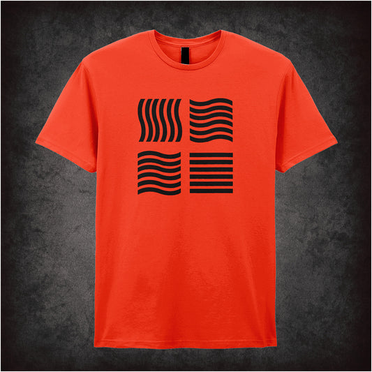 Orange unisex t-shirt featuring a graphic of the Four Elements symbols from The Fifth Element, arranged in a square pattern with a minimalist design.