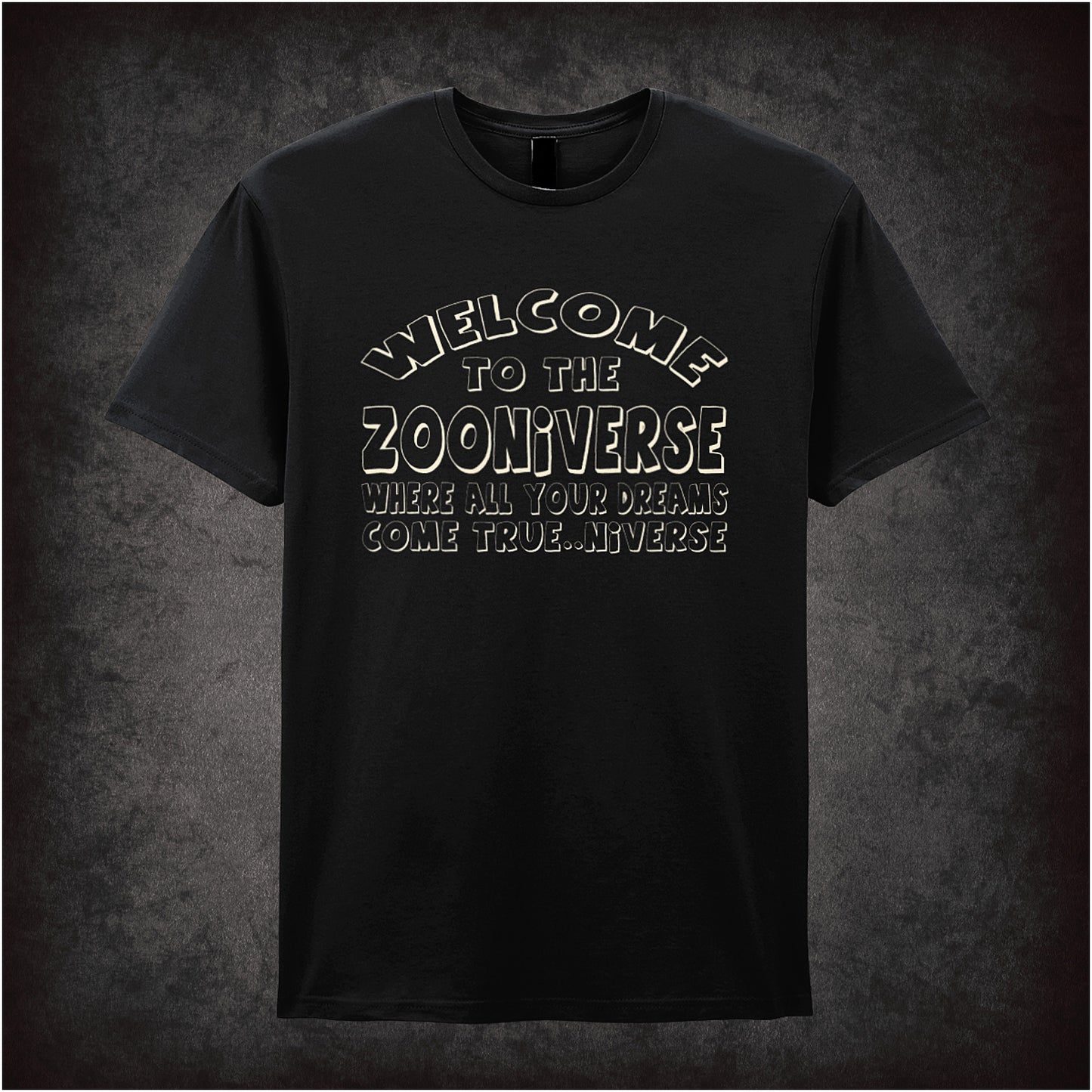 Welcome to the Zooniverse soft-style black unisex t-shirt, The Mighty Boosh inspired design, cult British comedy fan apparel.