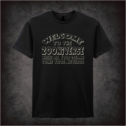 Welcome to the Zooniverse soft-style black unisex t-shirt, The Mighty Boosh inspired design, cult British comedy fan apparel.