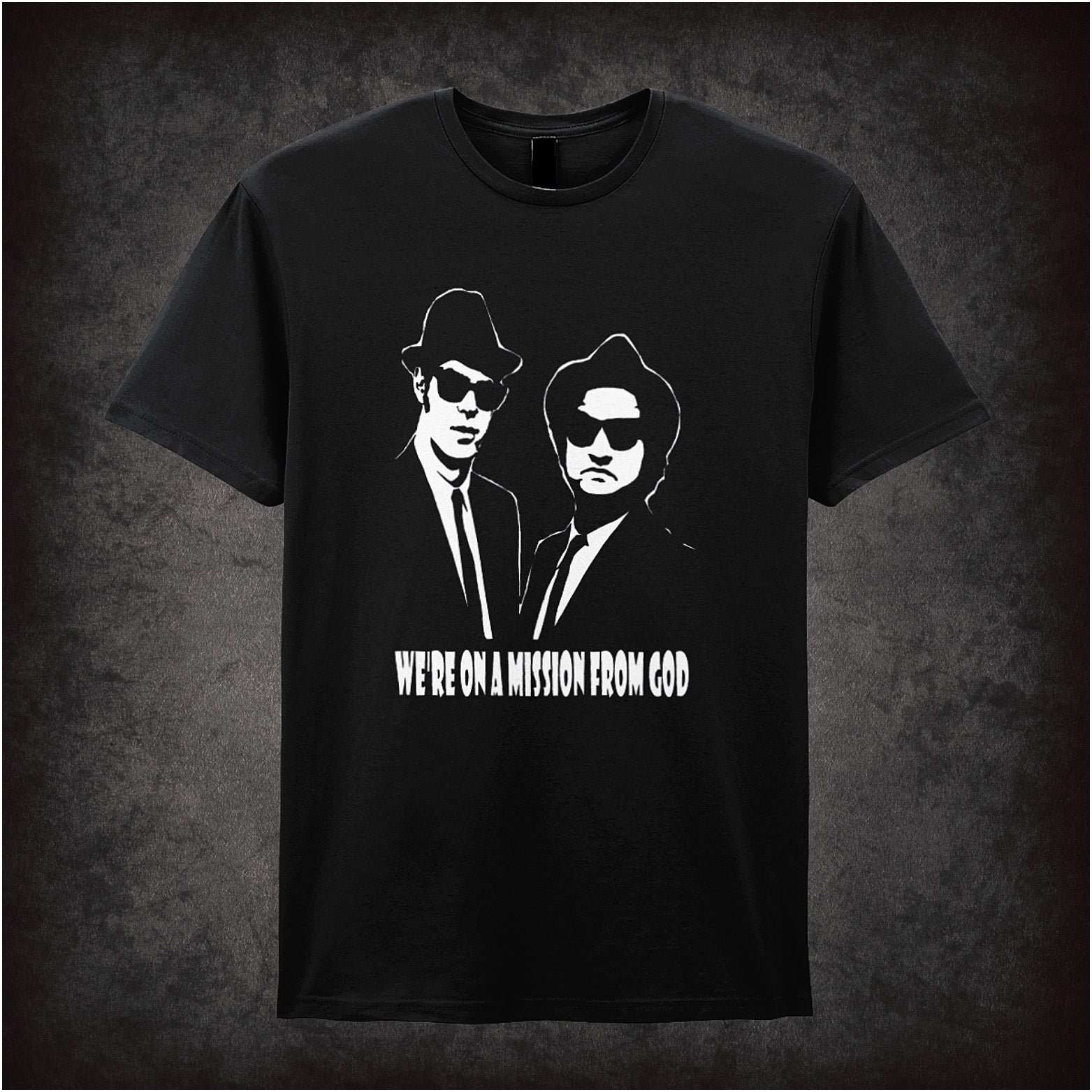 We're on a Mission from God unisex black t-shirt inspired by The Blues Brothers movie soft style retro comedy fan apparel