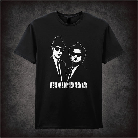 We're on a Mission from God unisex black t-shirt inspired by The Blues Brothers movie soft style retro comedy fan apparel