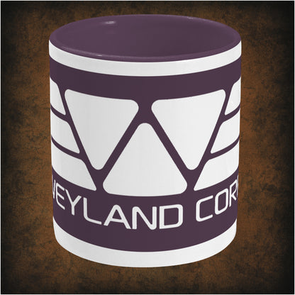 Weyland Corporation Alien movie inspired two-toned mug with sci-fi corporate logo, futuristic design, center image and minimalist black and white aesthetic.