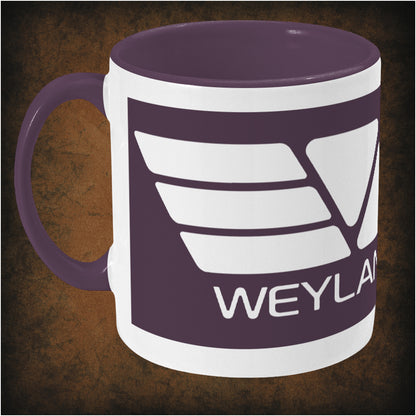 Weyland Corporation Alien movie inspired two-toned mug with sci-fi corporate logo, futuristic design, left hand side and minimalist black and white aesthetic.