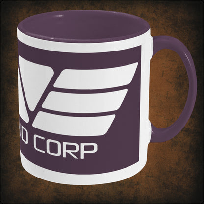 Weyland Corporation Alien movie inspired two-toned mug with sci-fi corporate logo, futuristic design, right hand side and minimalist black and white aesthetic.