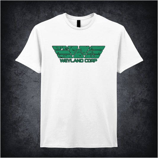 white soft style unisex T-shirt featuring the Weyland Corporation logo from Alien, designed with sleek, futuristic corporate-style graphics.