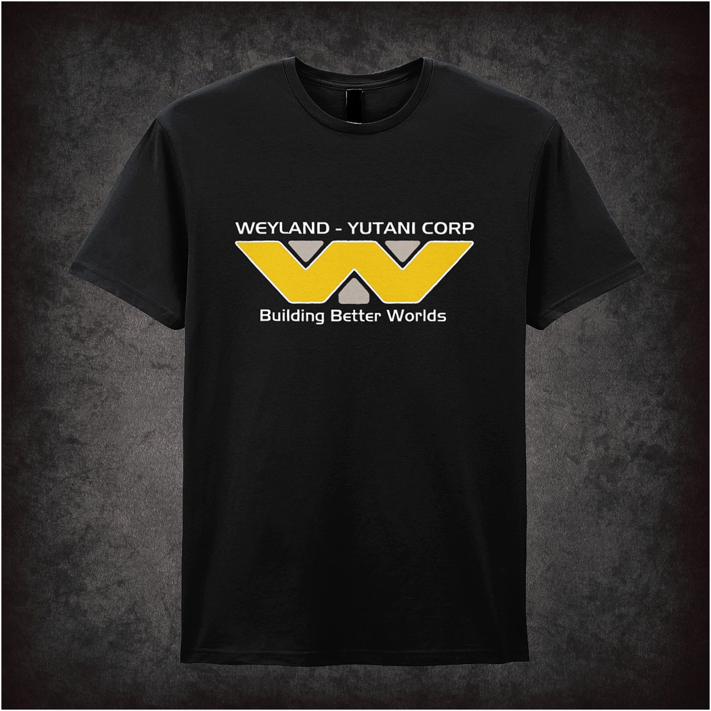 black Weyland-Yutani Corporation soft-style unisex t-shirt, Alien movie inspired 'Building Better Worlds' design, sci-fi fan apparel.