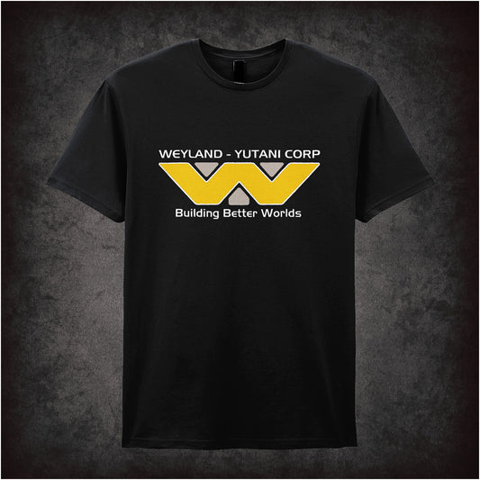 black Weyland-Yutani Corporation soft-style unisex t-shirt, Alien movie inspired 'Building Better Worlds' design, sci-fi fan apparel.