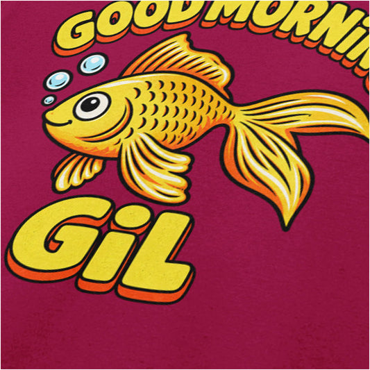 ‘good morning gil’ quote close up T-shirt in cardinal red from What About Bob