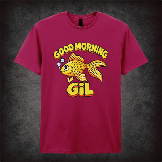 ‘good morning gil’ quote T-shirt in cardinal red from What About Bob