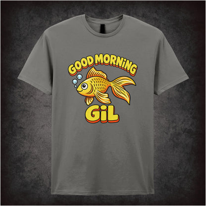 ‘good morning gil’ quote T-shirt in charcoal from What About Bob
