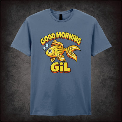 ‘good morning gil’ quote T-shirt in indigo from What About Bob