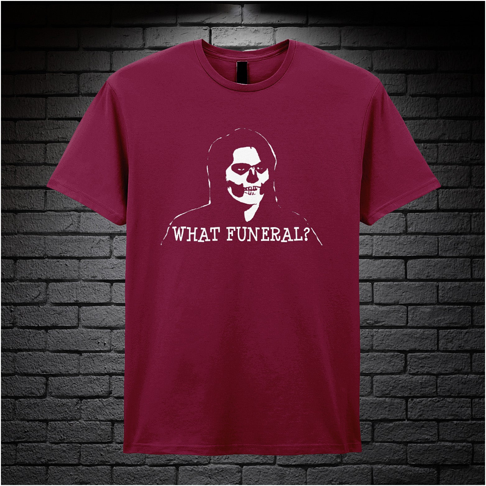 cardinal red unisex T-shirt featuring the phrase “What Funeral?” inspired by The IT Crowd, displayed in bold white text with a clean, modern font.