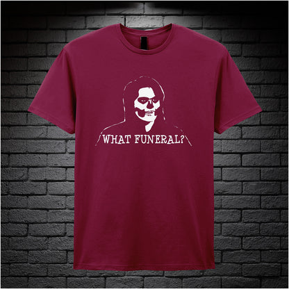 cardinal red unisex T-shirt featuring the phrase “What Funeral?” inspired by The IT Crowd, displayed in bold white text with a clean, modern font.