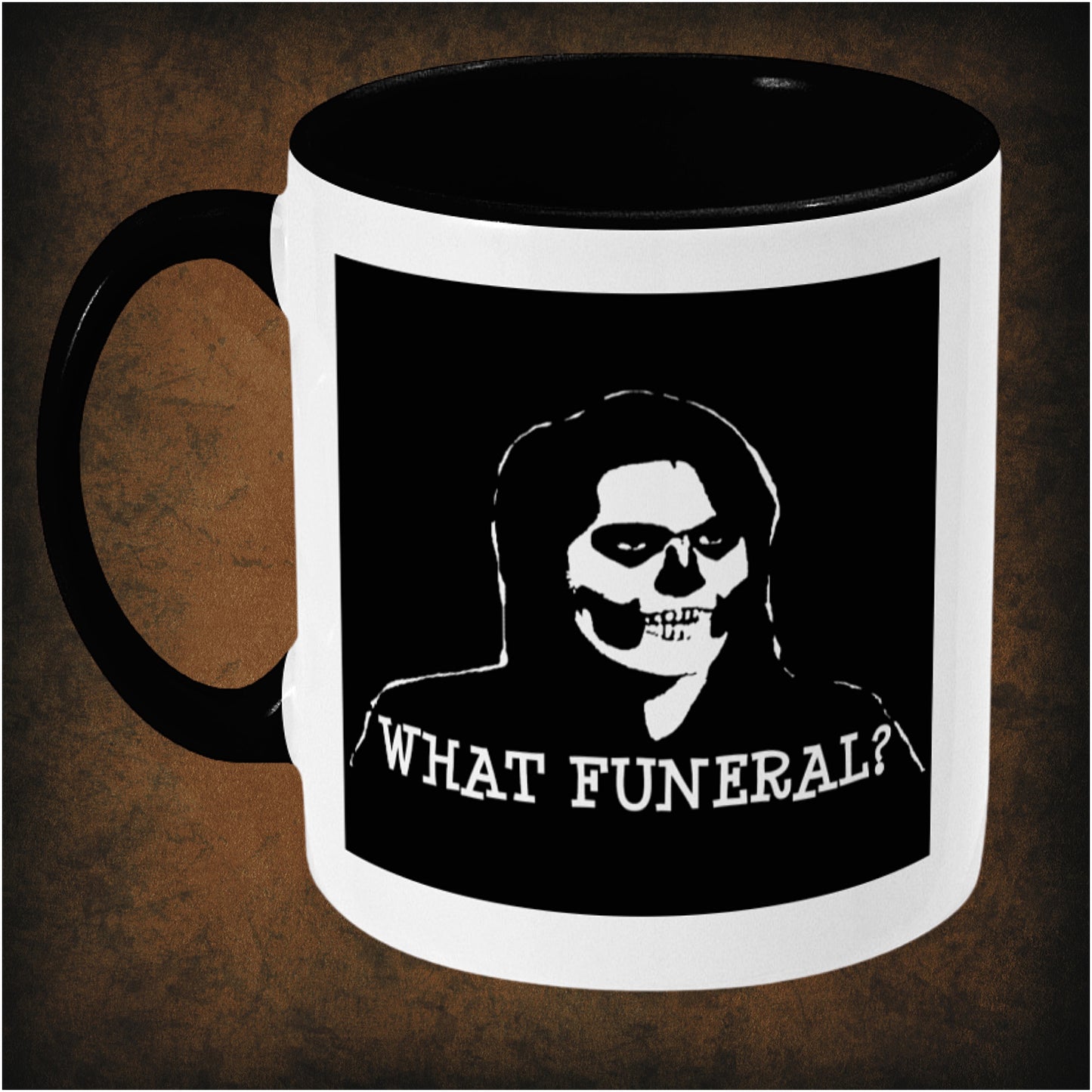 What Funeral?’ two-toned mug inspired by The IT Crowd, left hand side featuring hilarious British comedy quote, minimalist design, and collectible TV show merchandise for fans of classic geek humour.