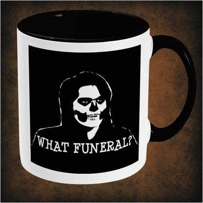 What Funeral?’ two-toned mug inspired by The IT Crowd, right hand side featuring hilarious British comedy quote, minimalist design, and collectible TV show merchandise for fans of classic geek humour.