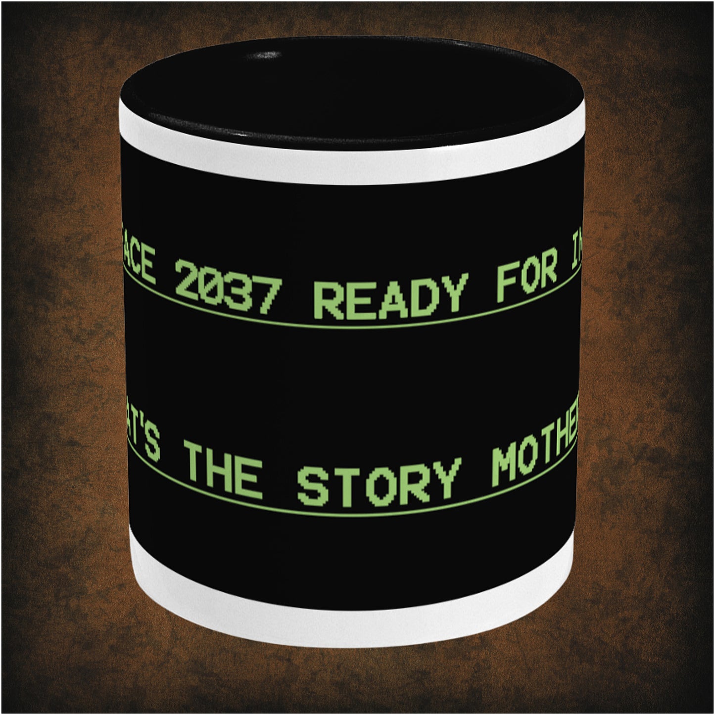 What’s the story, Mother?’ two-toned mug inspired by Alien, center featuring iconic sci-fi movie quote, minimalist black and white design, and collectible film merchandise for fans of the classic 1979 thriller.