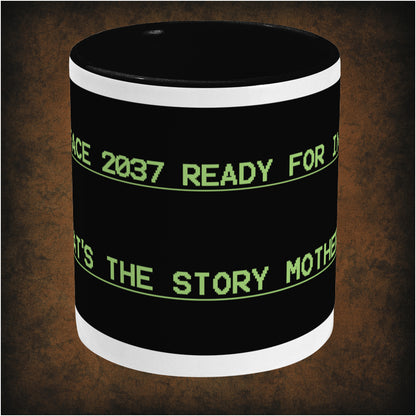 What’s the story, Mother?’ two-toned mug inspired by Alien, center featuring iconic sci-fi movie quote, minimalist black and white design, and collectible film merchandise for fans of the classic 1979 thriller.