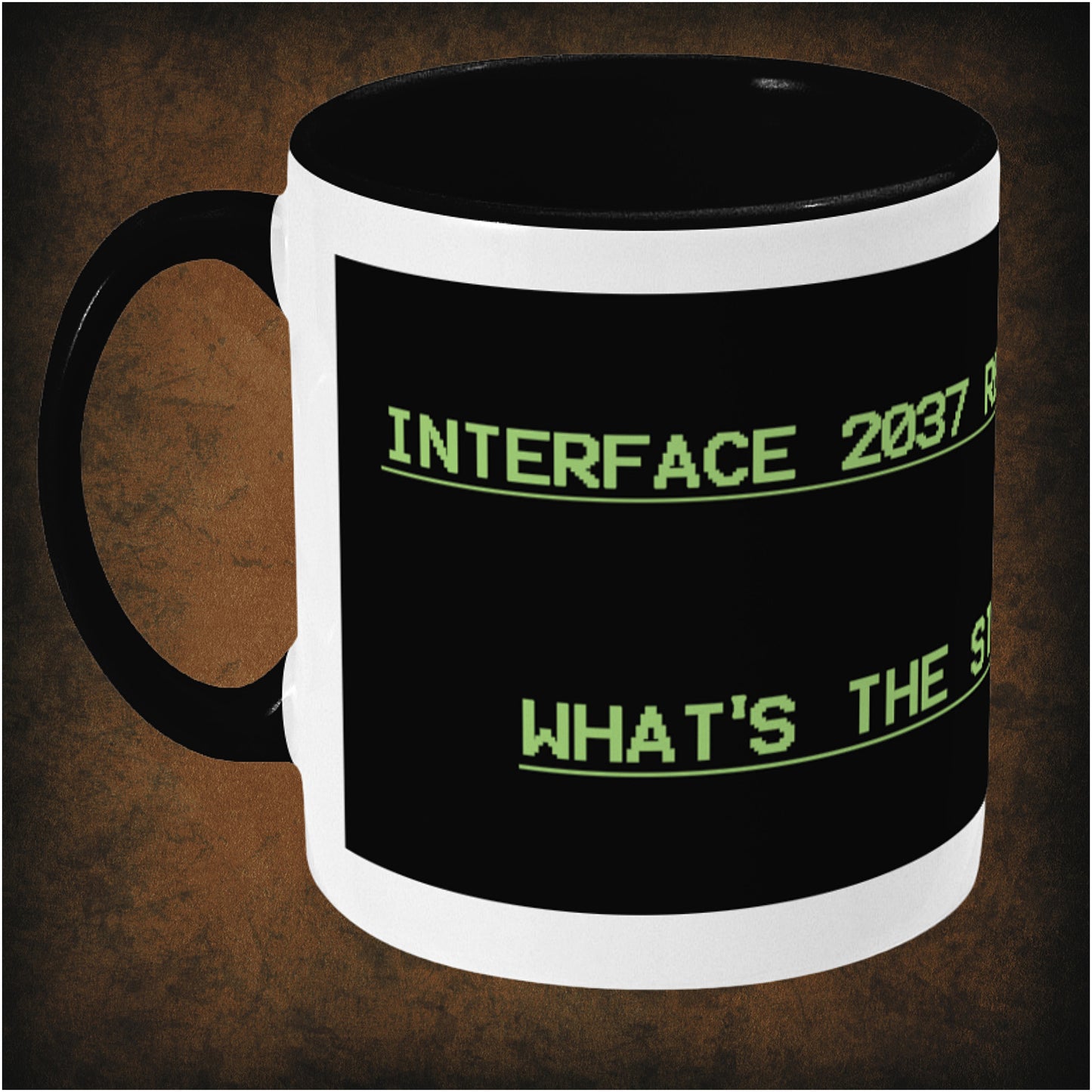 What’s the story, Mother?’ two-toned mug inspired by Alien, left hand side featuring iconic sci-fi movie quote, minimalist black and white design, and collectible film merchandise for fans of the classic 1979 thriller.