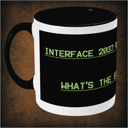 What’s the story, Mother?’ two-toned mug inspired by Alien, left hand side featuring iconic sci-fi movie quote, minimalist black and white design, and collectible film merchandise for fans of the classic 1979 thriller.