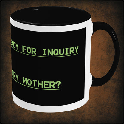 What’s the story, Mother?’ two-toned mug inspired by Alien, right hand side featuring iconic sci-fi movie quote, minimalist black and white design, and collectible film merchandise for fans of the classic 1979 thriller.