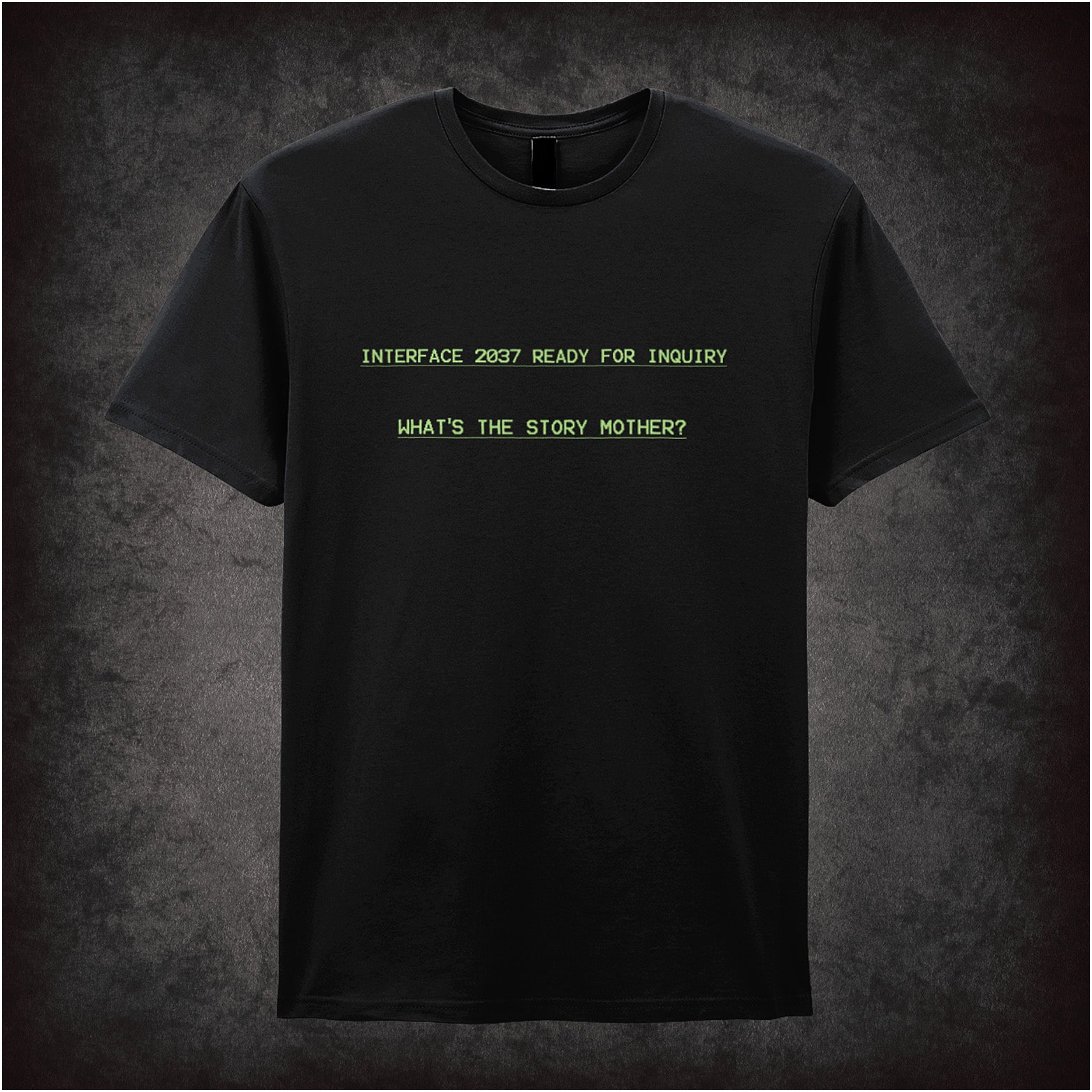 Black soft style unisex T-shirt featuring the phrase "What's the Story Mother?" inspired by Alien, with sleek, sci-fi-themed typography.