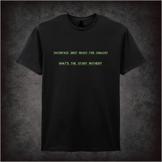 Black soft style unisex T-shirt featuring the phrase "What's the Story Mother?" inspired by Alien, with sleek, sci-fi-themed typography.