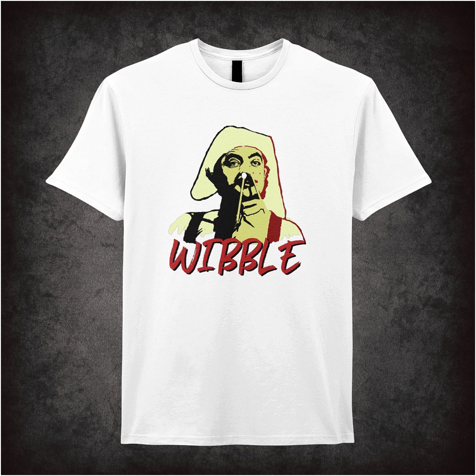 White unisex t-shirt showing the word “WIBBLE” above a cartoon-style drawing of Captain Edmund Blackadder with wild, mad eyes and a crazed expression, referencing his madness in Blackadder.