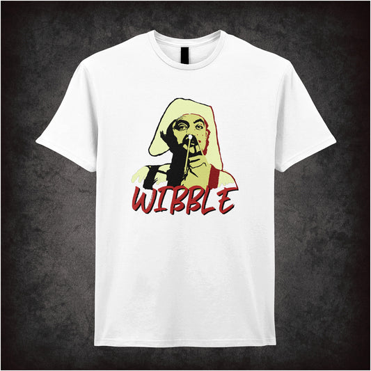 White unisex t-shirt showing the word “WIBBLE” above a cartoon-style drawing of Captain Edmund Blackadder with wild, mad eyes and a crazed expression, referencing his madness in Blackadder.