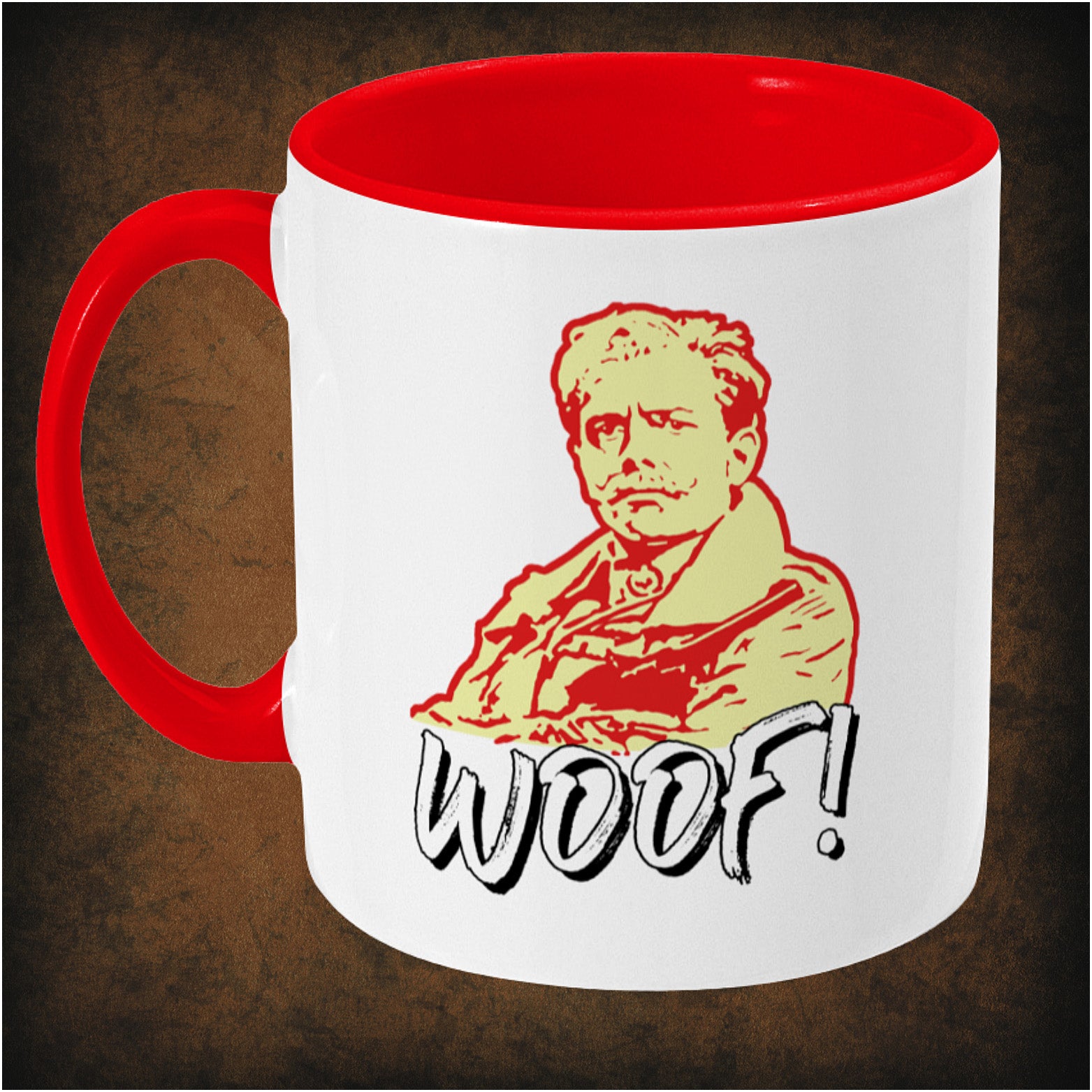 Woof!’ two-toned mug inspired by Blackadder’s Lord Flashheart, left hand side featuring iconic British comedy quote, bold design, and collectible TV show merchandise for fans of the classic sitcom.
