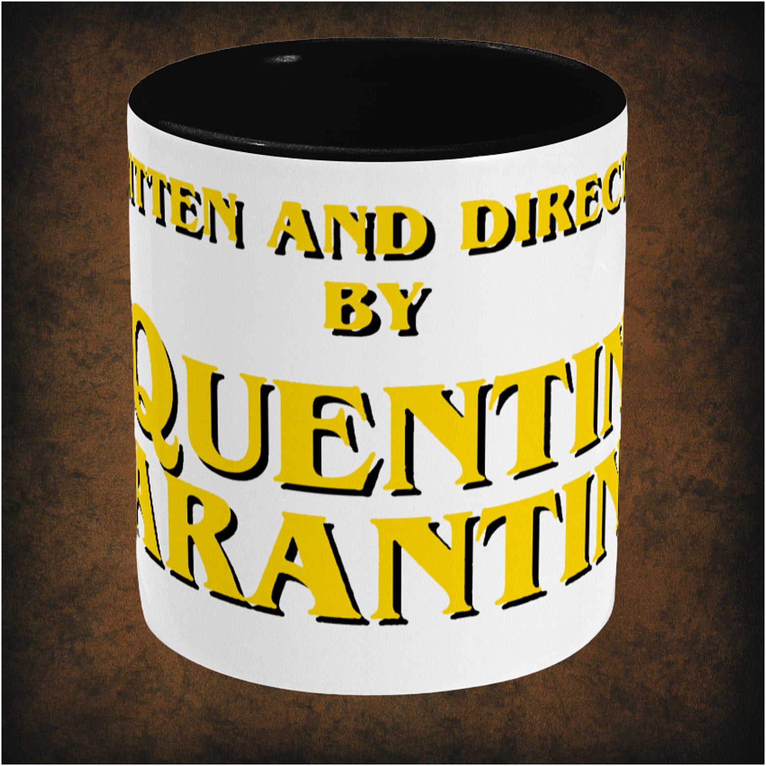 Written and Directed by Quentin Tarantino’ two-toned mug center featuring iconic movie credit design, minimalist black and white style, and collectible film enthusiast merchandise.