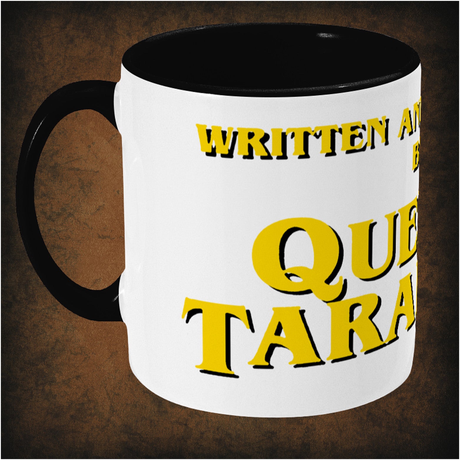Written and Directed by Quentin Tarantino’ two-toned mug left hand side featuring iconic movie credit design, minimalist black and white style, and collectible film enthusiast merchandise.