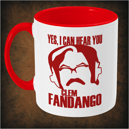 Yes I can hear you, Clem Fandango’ two-toned mug inspired by Toast of London, left hand side featuring iconic TV show quote, humorous design, and collectible British comedy merchandise.