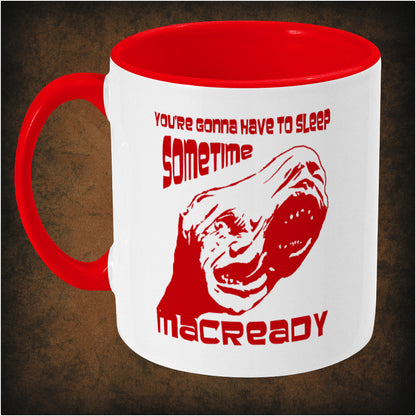 You’re gonna have to sleep sometime, MacReady’ two-toned mug inspired by The Thing, left hand side featuring iconic sci-fi horror quote, minimalist design, and collectible John Carpenter movie merchandise.