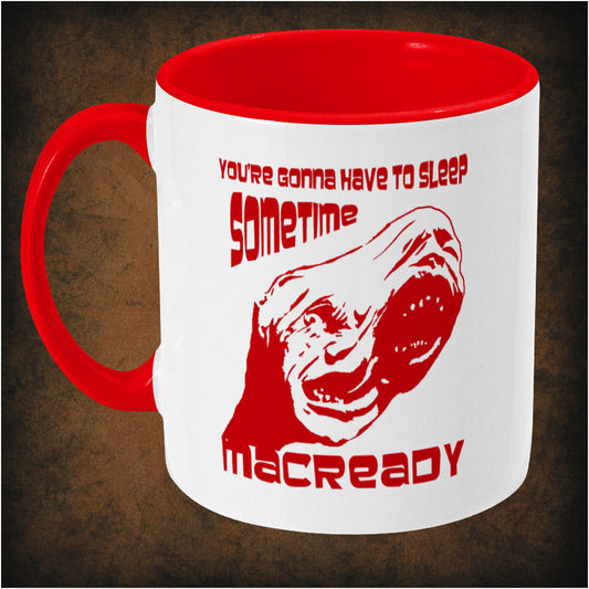 You’re gonna have to sleep sometime, MacReady’ two-toned mug inspired by The Thing, left hand side featuring iconic sci-fi horror quote, minimalist design, and collectible John Carpenter movie merchandise.