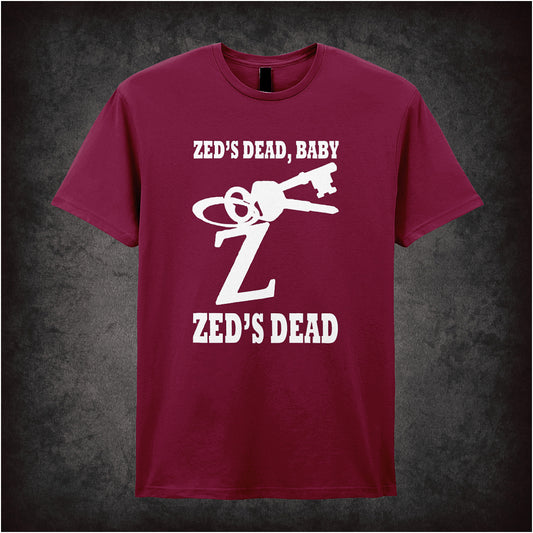 Pulp Fiction inspired cardinal red unisex t-shirt with quote 'Zed's Dead Baby... Zed's Dead' soft style graphic tee