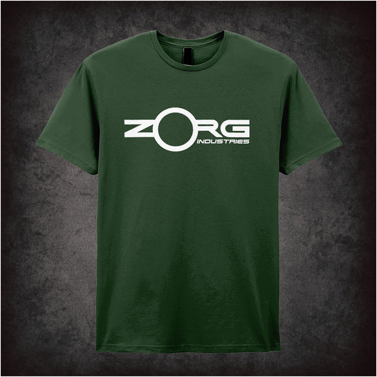 forest unisex T-shirt featuring the Zorg Industries logo from The Fifth Element, designed with sleek, futuristic corporate-style graphics.